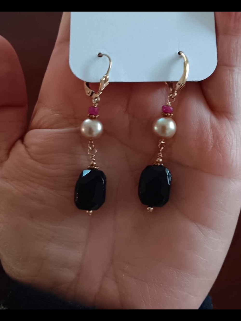 14k Gold Filled Pearl, Onyx & Ruby Faceted Drop Earrings - Unbranded